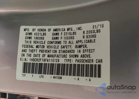 2015 Honda Accord Ex из США, поврежденный, VIN 1HGCR2F78FA115128